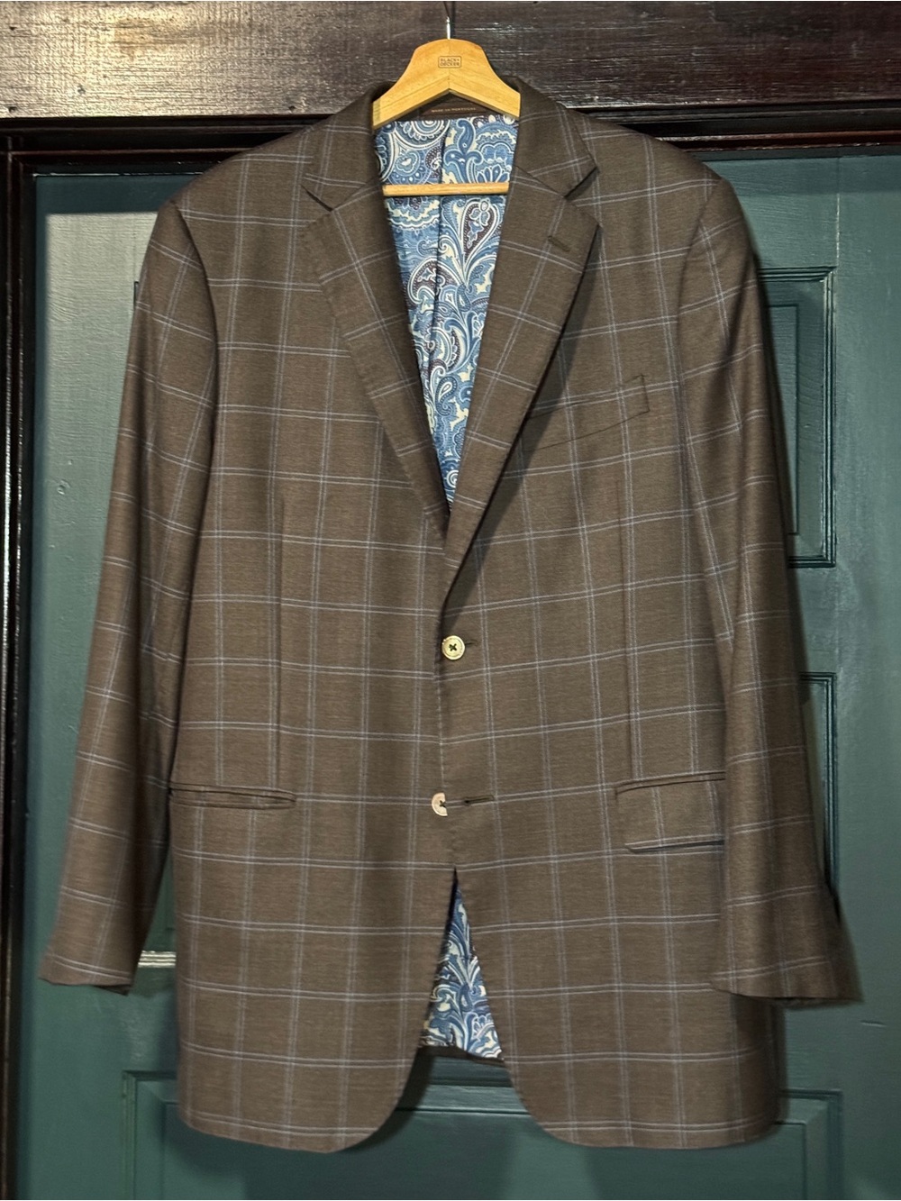 Loro Piana - J. Hilburn Custom Sport Coat 43 L Brown Blue Windowpane Plaid (EUC)